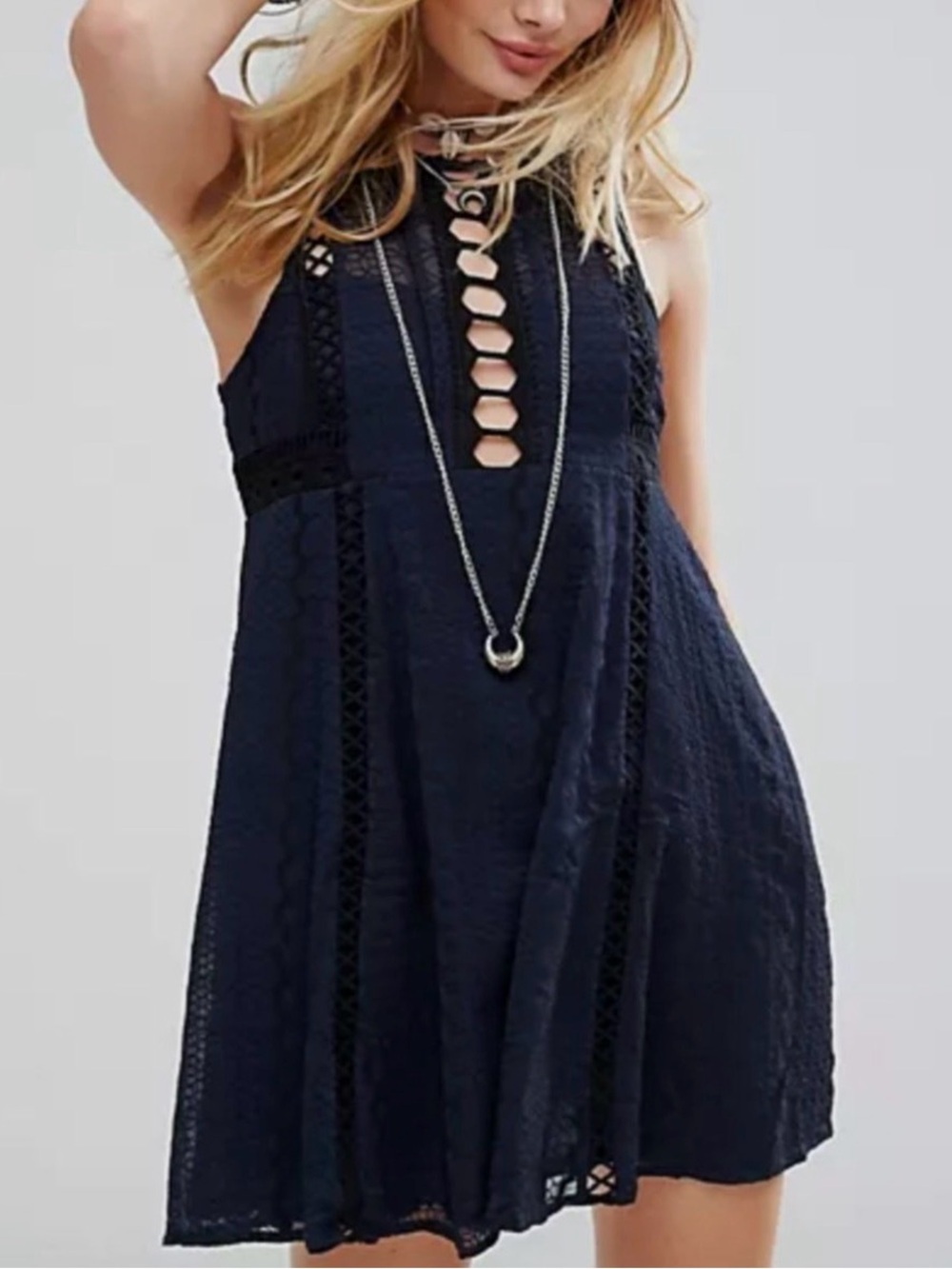 Free People Wherever You Go Mini Dress Black Lace Cutout Swing Dress 8